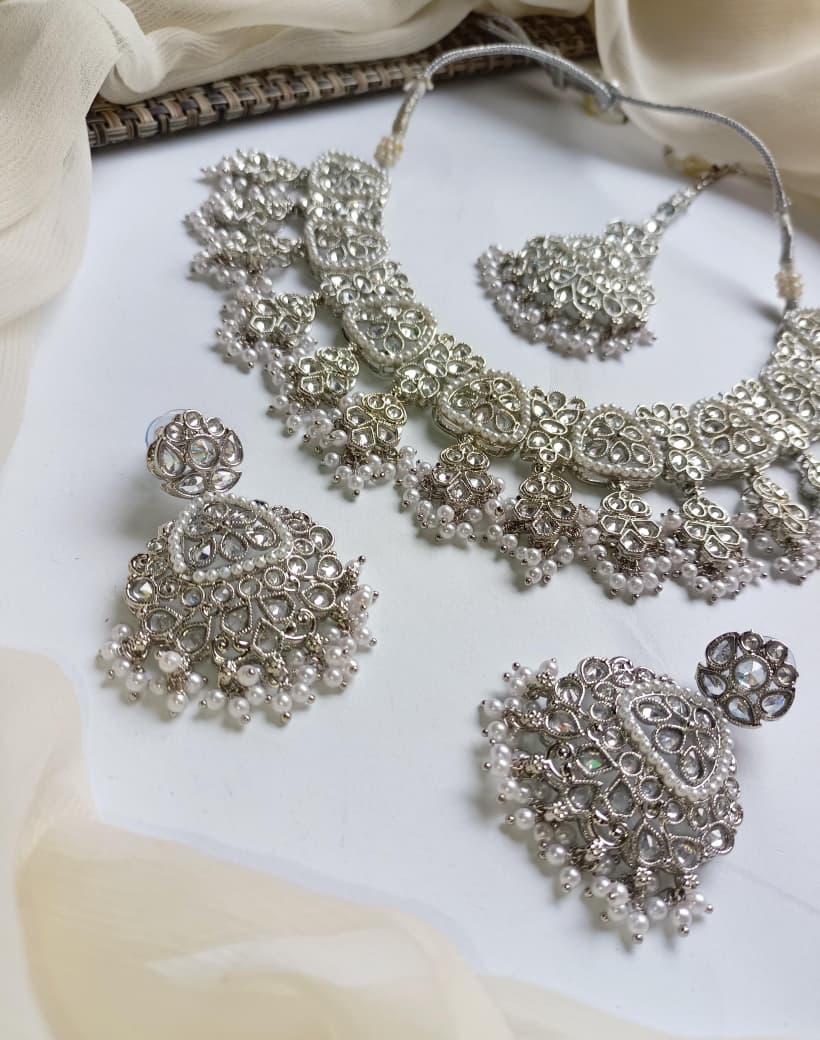 Designer Collection Indian Reverse AD Antique Polish Stylish Necklace Set With Teeka