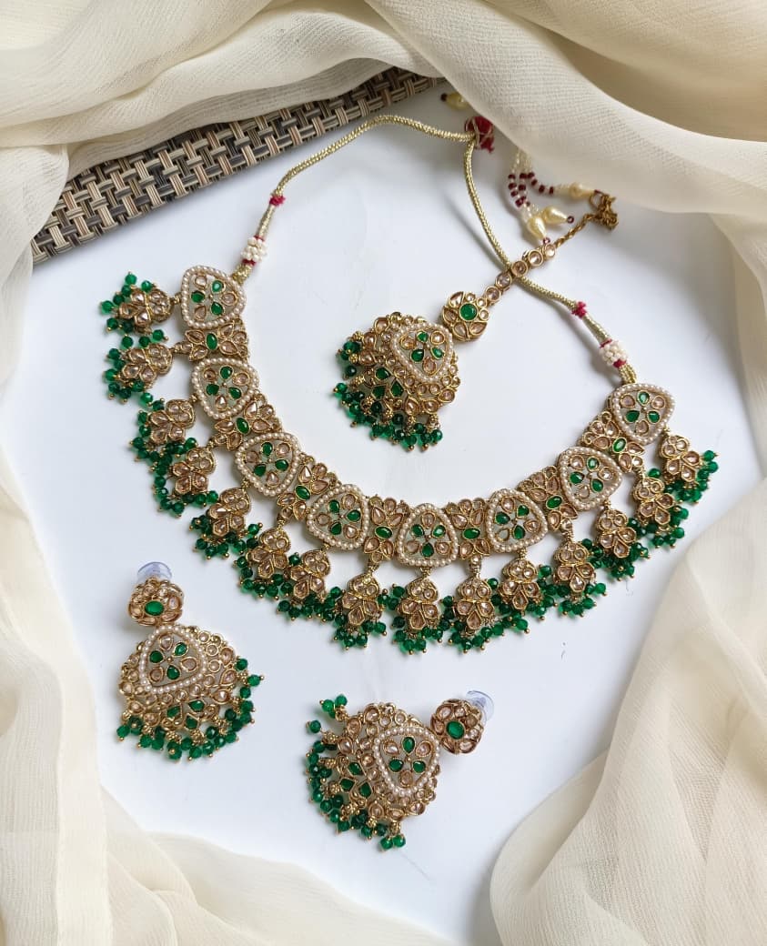Designer Collection Indian Reverse AD Antique Polish Stylish Necklace Set With Teeka