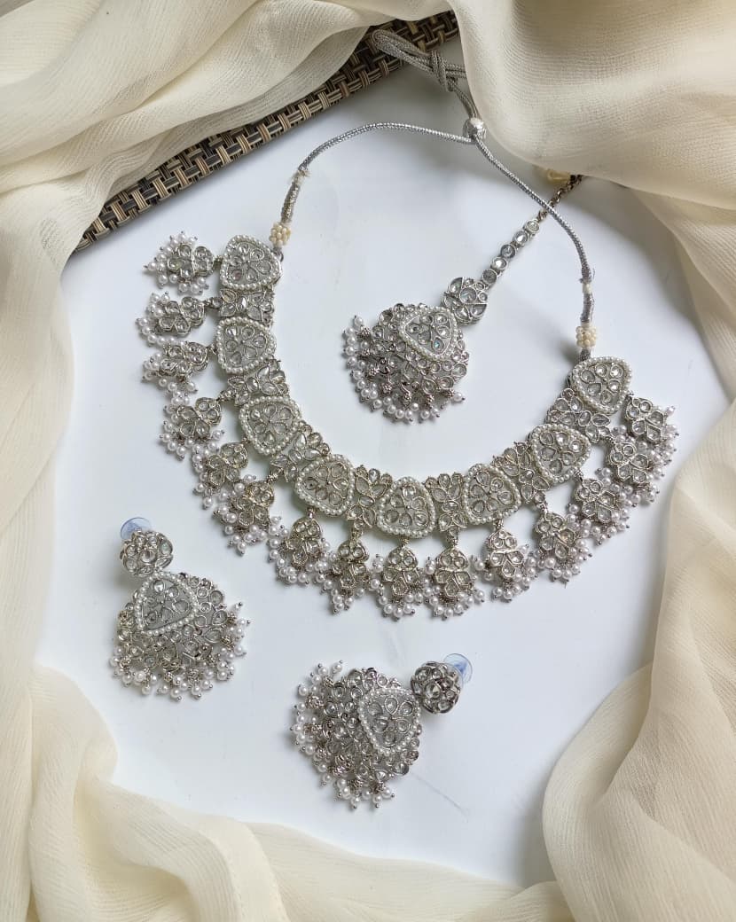 Designer Collection Indian Reverse AD Antique Polish Stylish Necklace Set With Teeka