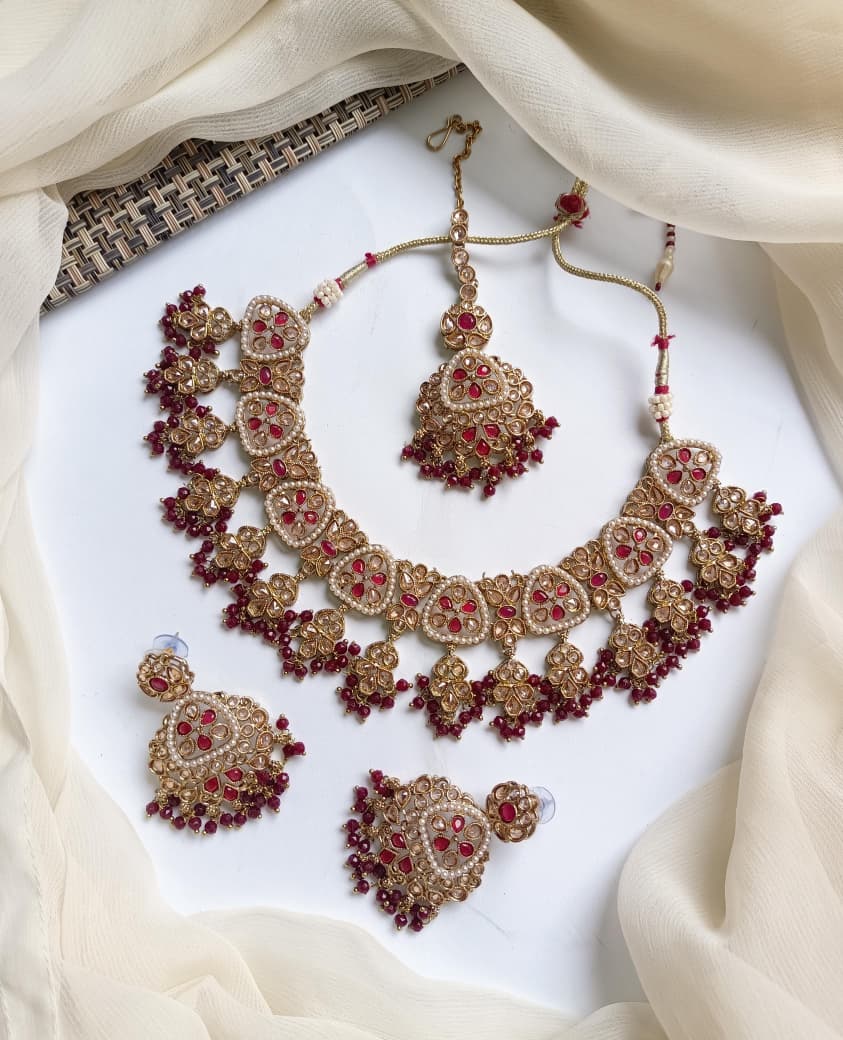 Designer Collection Indian Reverse AD Antique Polish Stylish Necklace Set With Teeka