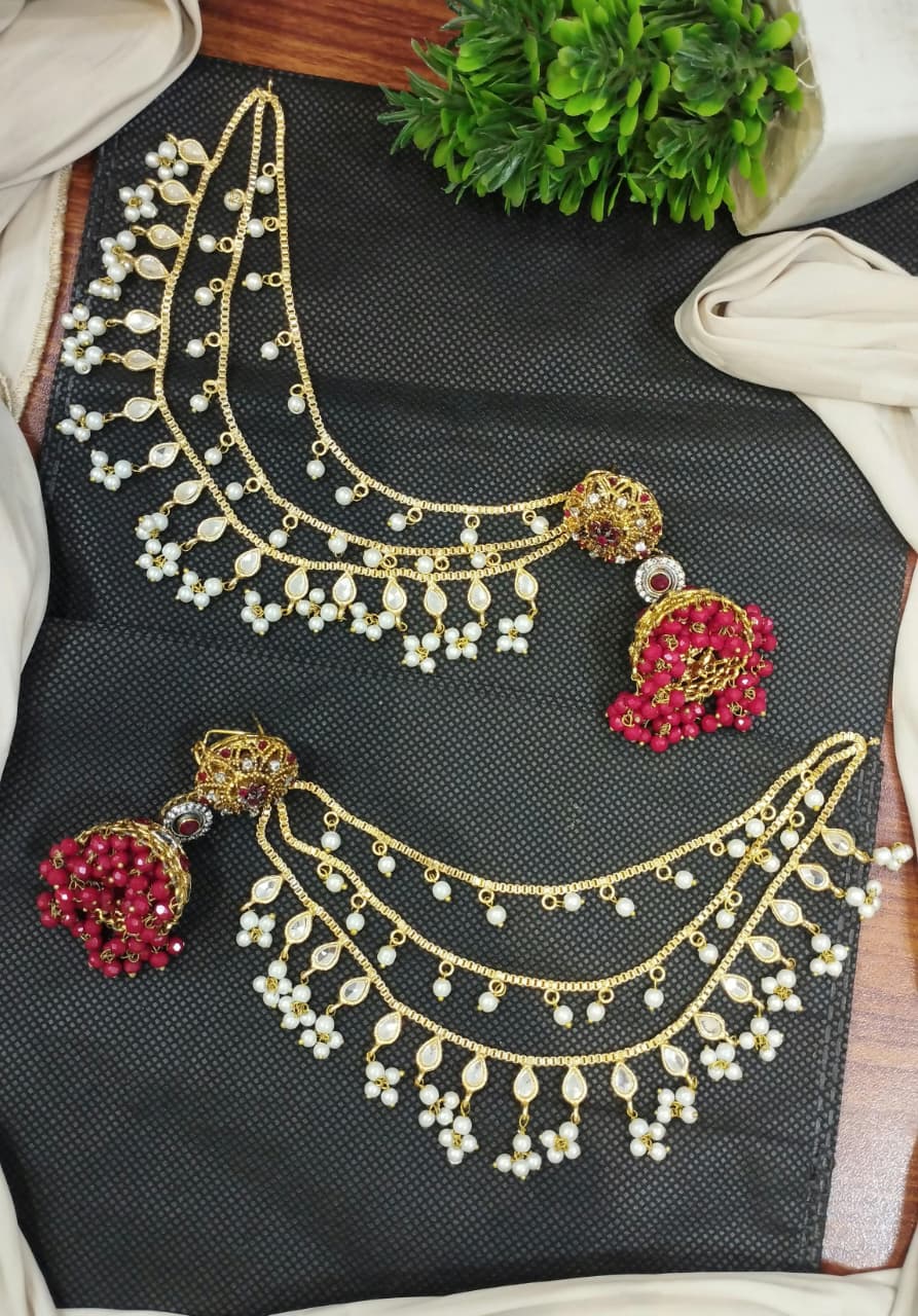 Jhumki with 3 line kundan Kan chain sahare