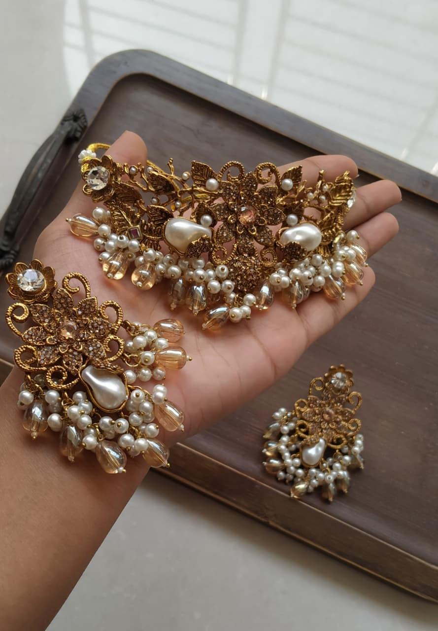 Handmade stone with mother pearl chokkar set💖