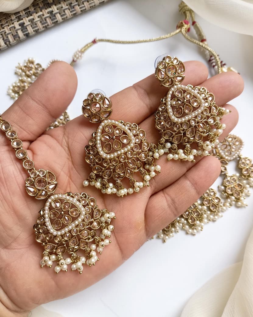 Designer Collection Indian Reverse AD Antique Polish Stylish Necklace Set With Teeka