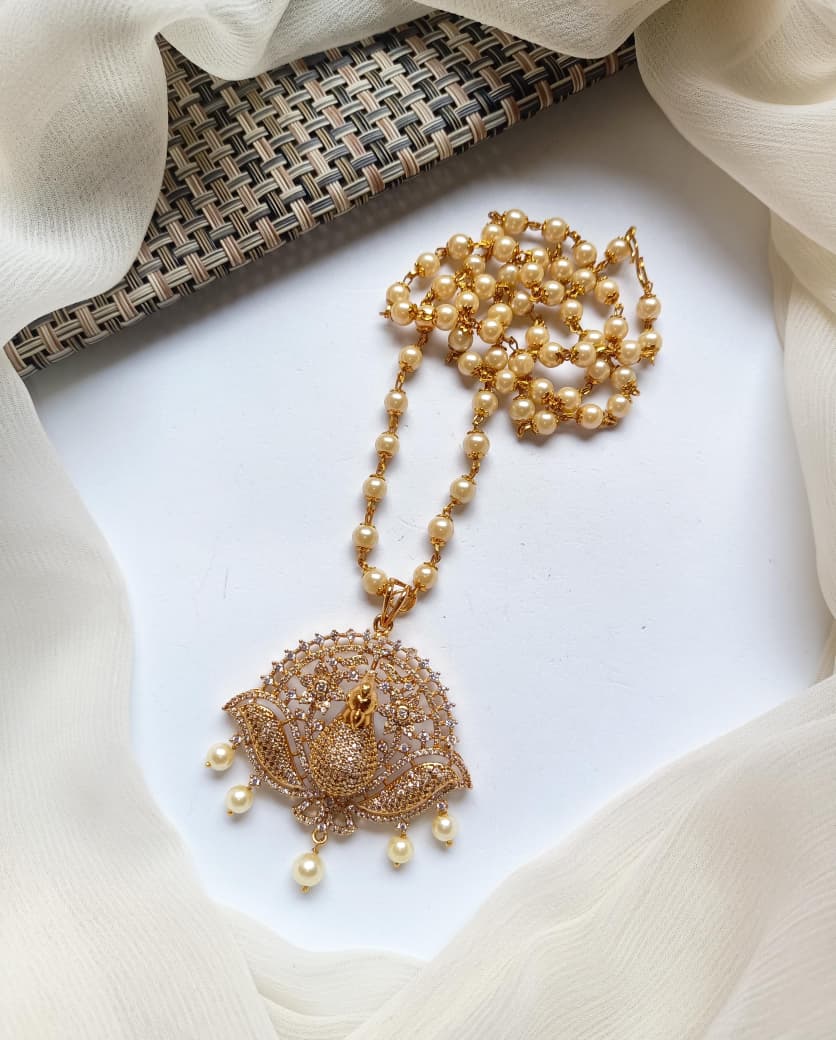 Traditional Jewellery South Indian Nano Zarcon Stone's Stylish Peacock Pandent With Mala