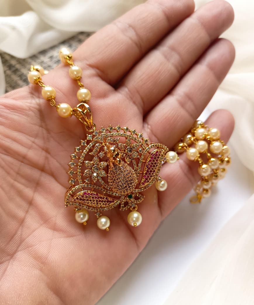 Traditional Jewellery South Indian Nano Zarcon Stone's Stylish Peacock Pandent With Mala