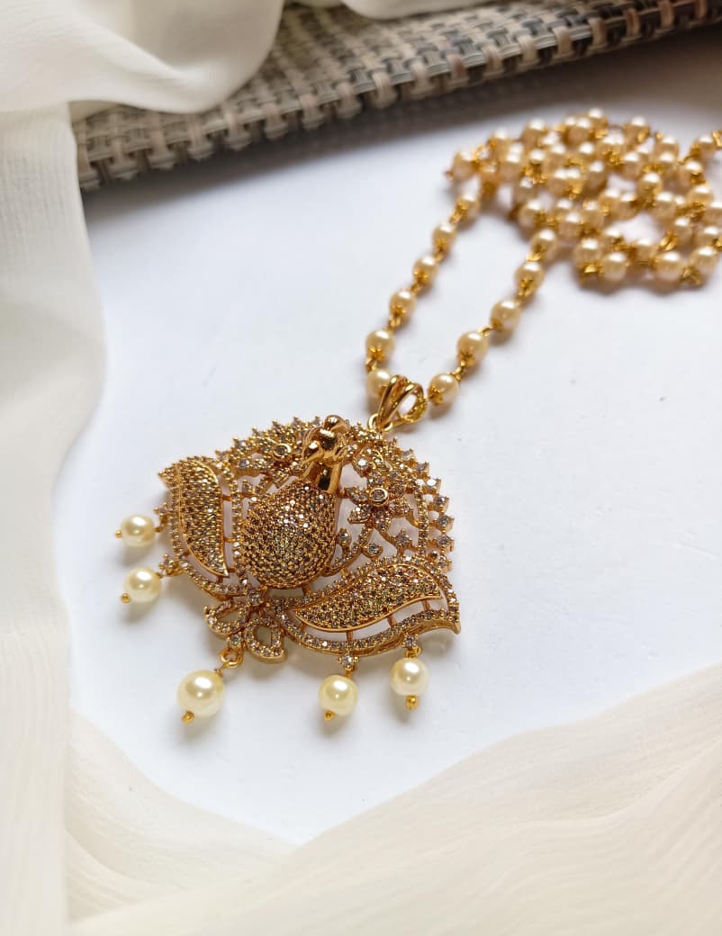 Traditional Jewellery South Indian Nano Zarcon Stone's Stylish Peacock Pandent With Mala