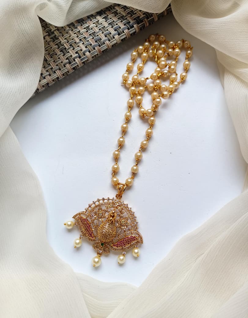 Traditional Jewellery South Indian Nano Zarcon Stone's Stylish Peacock Pandent With Mala