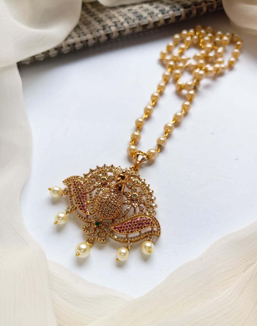 Traditional Jewellery South Indian Nano Zarcon Stone's Stylish Peacock Pandent With Mala