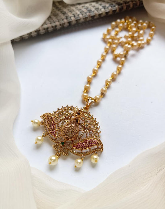 Traditional Jewellery South Indian Nano Zarcon Stone's Stylish Peacock Pandent With Mala