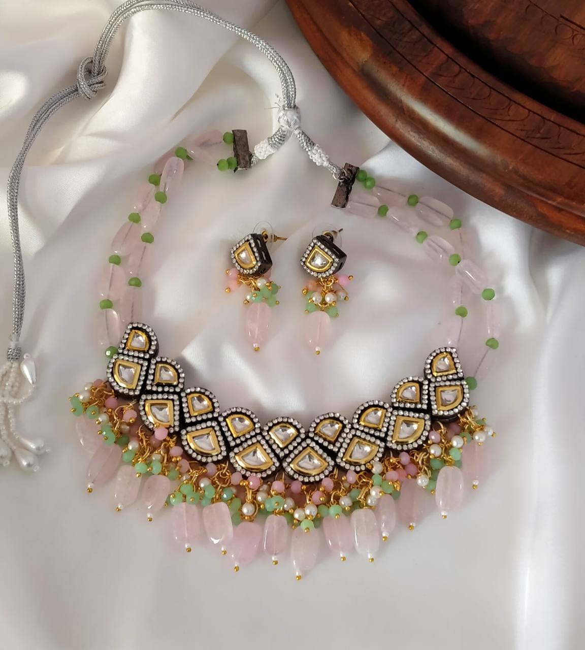 Pink and mint green Kundan necklace sets