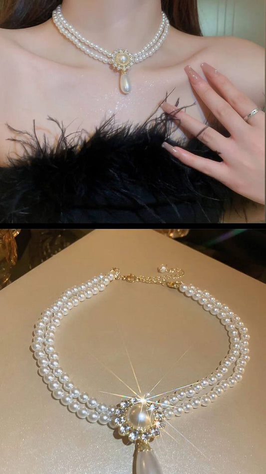 Vintage Court Style Double Layer Pearl Necklace Elegant Temperament Collar Chain Party Dress Accessory Artistic Design