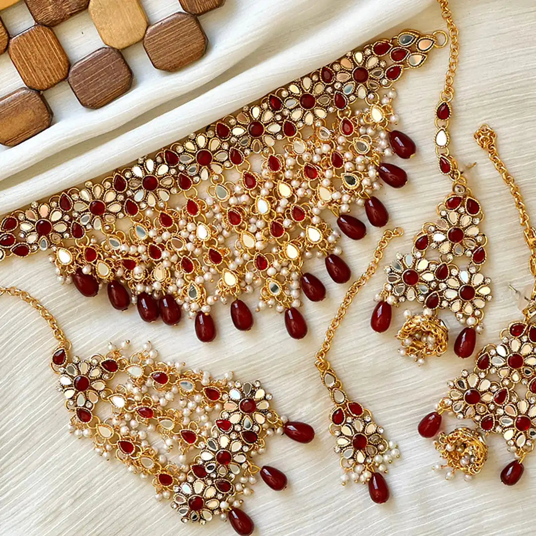 kundan bridal jewellery in pakistan NJC-005 red