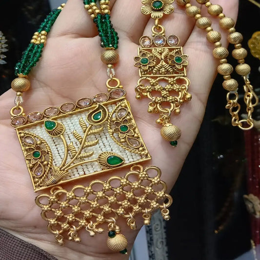 long necklace set by noors jewellery njc-006 green