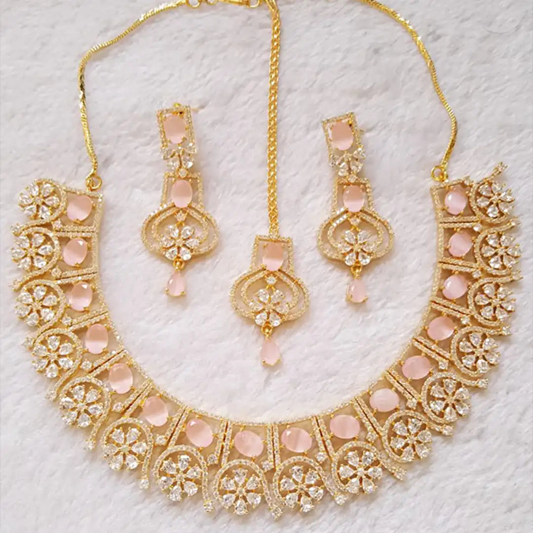 zircon neckalce set price in pakistan NJC-002 Golden pink 15000 rs
