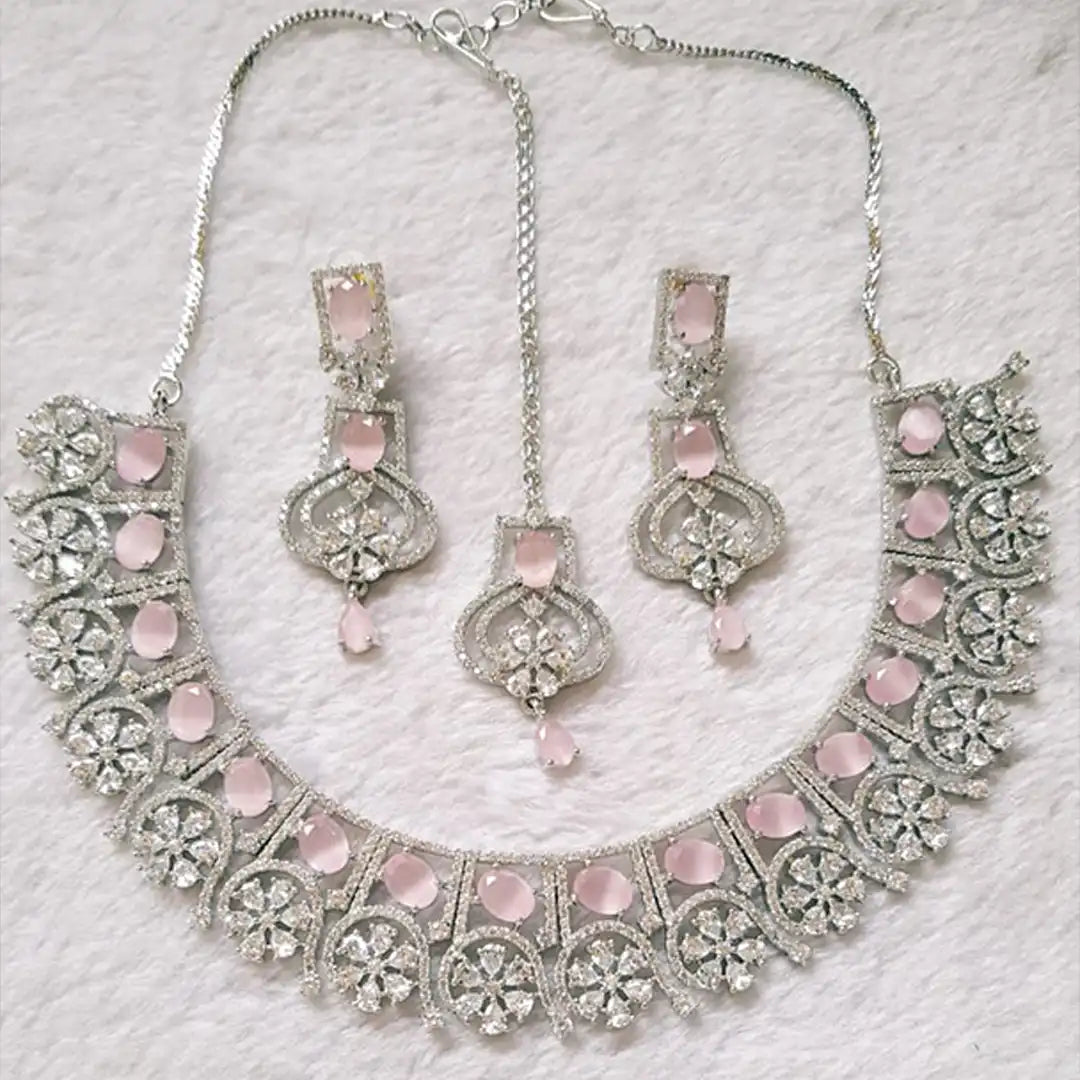 zircon neckalce set price in pakistan NJC-002 Silver pink